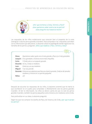 Las respuestas de los niños evidenciaron que conocían bien el propósito de la visita
(averiguar si solo los perros grandes muerden). Para comprobar si las respuestas coincidían
con la información que obtuvieron, la docente colocó el papelógrafo donde registraron los
tamaños de los perros y preguntó: ¿Para qué medimos a Paco, Victoria y Cindy?
¿Por qué invitamos a Cindy, Victoria y Paco?
¿Qué queríamos saber acerca de los perros?
¿Qué pregunta nos habíamos hecho?
Elena:	 Queríamos saber quién era el más grande y Paco es el más grandote.
Joaquín:	 Sí es grandote y Victoria era la más chiquitita.
Carla:	 Y Cindy solo es un poquito grande.
Docente:	 Así es, Cindy es mediana.
Juan:	 Como yo, yo soy mediano.
Miguel:	 Y yo soy grande.
Docente:	 Entonces ya sabemos que Paco es el perro grande, Cindy es de tamaño
mediano y Victoria es un perrita pequeña.
Niños:	¡Sí!
Después de escuchar las respuestas de los niños, la docente comentó que les leería lo
que escribieron en el cuadro para comprobar si efectivamente solo los perros grandes
muerden. Al leer la información, los niños se dieron cuenta de que no solo los perros
grandes muerden, también los perros pequeños como Victoria y los medianos como Cindy.
Para profundizar en sus ideas, la docente preguntó:
Según los que nos contaron los dueños de Paco, de Victoria y de Cindy, ¿por qué muerden
los perros?
PROYECTO5
PROYECTOS DE APRENDIZAJE EN EDUCACIÓN INICIAL
35
 