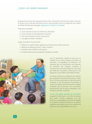 Después de escuchar las respuestas de los niños, la docente confirmó que sabían muy bien
el motivo de la visita del veterinario, por lo que procedió a leer las preguntas que habían
acordado hacerle para averiguar ¿qué pasa si un perro te muerde?
Preguntas acordadas:
•	 ¿Si te muerde un perro te enfermas? ¿Mueres?
•	 ¿Si te muerde un perro grande te mueres?
•	 ¿Por qué les ponen vacuna a los perros?
•	 ¿Los gatos también muerden?
Luego, recordaron lo que harían:
•	 Mostrar el cuadro donde registraron la información sobre los perros.
•	 Mostrar los dibujos de Paco, Cindy y Victoria.
•	 Contarle cómo midieron a los perros.
•	 Contarle que los perros pequeños también muerden.
Luis, el veterinario, ingresó al aula con un
maletín en las manos; saludó a los niños, se
presentó y les agradeció la invitación. Les
comentó que los veterinarios son doctores
de animales que trabajan cuidando y
curando a los que están enfermos. Les contó
que sabía de su proyecto sobre perros y les
preguntó lo que habían aprendido de ellos.
Los niños mostraron sus dibujos y le contaron
que recibieron la visita de tres perros, Cindy,
Paco y Victoria, para saber si todos los perros
muerden o solo los grandes (mostrando el
cuadro de registro de información); también
le dijeron que al conversar con sus dueños
descubrieron que los perros pequeños y los
medianos también muerden.
¿Y qué más quieren aprender de los perros?,
preguntó el veterinario. Los niños le cuentan
que tienen muchas preguntas que han
escrito en el papelógrafo que está en pegado
en la pared. El veterinario leyó en voz alta las
preguntas que habían escrito con ayuda de la
docente y fue respondiendo una a una.
¿TODOS LOS PERROS MUERDEN?
42
 