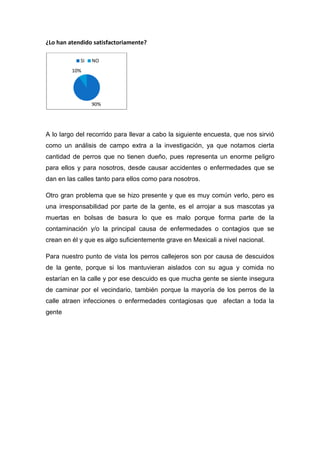 ¿Lo han atendido satisfactoriamente?

            SI   NO
         10%




                 90%




A lo largo del recorrido para llevar a cabo la siguiente encuesta, que nos sirvió
como un análisis de campo extra a la investigación, ya que notamos cierta
cantidad de perros que no tienen dueño, pues representa un enorme peligro
para ellos y para nosotros, desde causar accidentes o enfermedades que se
dan en las calles tanto para ellos como para nosotros.

Otro gran problema que se hizo presente y que es muy común verlo, pero es
una irresponsabilidad por parte de la gente, es el arrojar a sus mascotas ya
muertas en bolsas de basura lo que es malo porque forma parte de la
contaminación y/o la principal causa de enfermedades o contagios que se
crean en él y que es algo suficientemente grave en Mexicali a nivel nacional.

Para nuestro punto de vista los perros callejeros son por causa de descuidos
de la gente, porque si los mantuvieran aislados con su agua y comida no
estarían en la calle y por ese descuido es que mucha gente se siente insegura
de caminar por el vecindario, también porque la mayoría de los perros de la
calle atraen infecciones o enfermedades contagiosas que afectan a toda la
gente
 