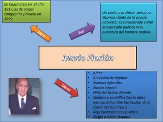 En Cajamarca en el año
1917, es de origen
campesino y muere en             Un poeta y profesor peruano.
1999.                            Representante de la poesía
                                 nativista, es considerado como
                                 la expresión poética mas
                                 autentica del hombre andino.




                         • Alma
                         • Brevedad de lágrima
                         • Poemas infantiles
                         • Poesía infantil
                         • Niño del Nuevo Mundo
                         • Sonetos y sonetillos Canto épico
                           heroico al hombre horticultor de la
                           cueva del Guitarrero
                         • Representaciones sensibles
                         • Elegía a Isicha Waman
 