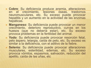Cobre: Su deficiencia produce anemia, alteraciones en el crecimiento, lesiones óseas, trastornos neuromusculares, etc. Su exceso puede provocar hepatitis y un aumento en la actividad de las enzimas hepáticas.Manganeso: Su deficiencia puede provocar un menor crecimiento, deterioro reproductivo, curvas en los huesos (que no debería estar), etc. Su exceso provoca problemas en la fertilidad del animal.Yodo: Su deficiencia puede provocar resorción fetal, pelo áspero, letargia, caída de pelo, etc. Su exceso es similar a la deficiencia, con el aditivo de la fiebre.Selenio: Su deficiencia puede provocar alteraciones musculares, esterilidad, edemas, etc. Su exceso provoca vómitos, espasmos, salivación, reducción del apetito, caída de las uñas, etc
