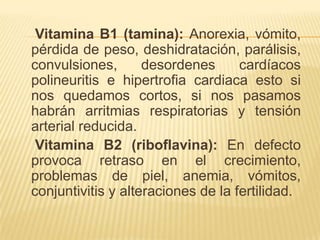     Vitamina B1 (tamina): Anorexia, vómito, pérdida de peso, deshidratación, parálisis, convulsiones, desordenes cardíacos polineuritis e hipertrofia cardiaca esto si nos quedamos cortos, si nos pasamos habrán arritmias respiratorias y tensión arterial reducida.    Vitamina B2 (riboflavina): En defecto provoca retraso en el crecimiento, problemas de piel, anemia, vómitos, conjuntivitis y alteraciones de la fertilidad.