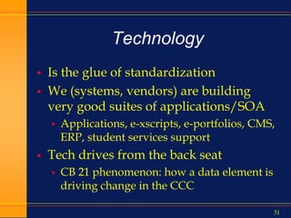 31
Technology
 Is the glue of standardization
 We (systems, vendors) are building
very good suites of applications/SOA
 Applications, e-xscripts, e-portfolios, CMS,
ERP, student services support
 Tech drives from the back seat
 CB 21 phenomenon: how a data element is
driving change in the CCC
 