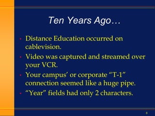 8
Ten Years Ago…
• Distance Education occurred on
cablevision.
• Video was captured and streamed over
your VCR.
• Your campus’ or corporate “T-1”
connection seemed like a huge pipe.
• “Year” fields had only 2 characters.
 