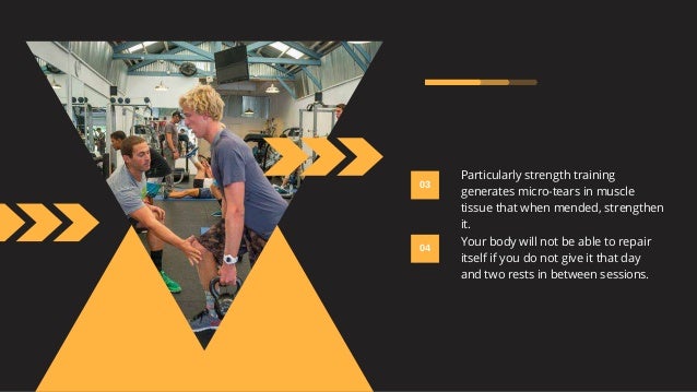 03
Particularly strength training
generates micro-tears in muscle
tissue that when mended, strengthen
it.
04
Your body will not be able to repair
itself if you do not give it that day
and two rests in between sessions.
 