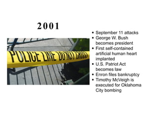 2001
       •   September 11 attacks
       •   George W. Bush
           becomes president
       •   First self-contained
           artificial human heart
           implanted
       •   U.S. Patriot Act
           becomes law
       •   Enron files bankruptcy
       •   Timothy McVeigh is
           executed for Oklahoma
           City bombing
 