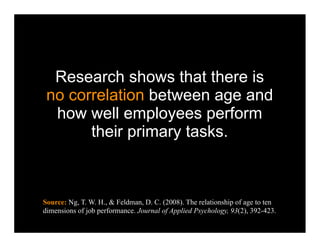 Research shows that there is
 no correlation between age and
  how well employees perform
       their primary tasks.



Source: Ng, T. W. H., & Feldman, D. C. (2008). The relationship of age to ten
dimensions of job performance. Journal of Applied Psychology, 93(2), 392-423.
 