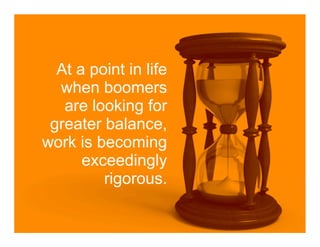 At a point in life
  when boomers
   are looking for
 greater balance,
work is becoming
      exceedingly
         rigorous.
 