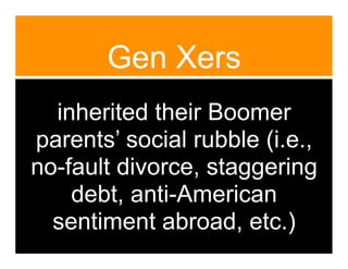 Gen Xers
  inherited their Boomer
parents’ social rubble (i.e.,
no-fault divorce, staggering
    debt, anti-American
  sentiment abroad, etc.)
 