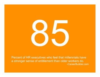 85
Percent of HR executives who feel that millennials have
a stronger sense of entitlement than older workers do.
                                        -CareerBuilder.com
 