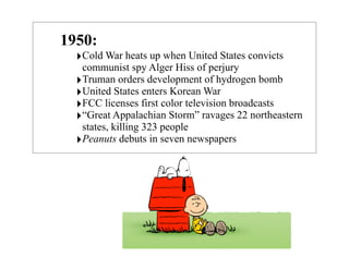 1950:
  ‣Cold War heats up when United States convicts
   communist spy Alger Hiss of perjury
  ‣Truman orders development of hydrogen bomb
  ‣United States enters Korean War
  ‣FCC licenses first color television broadcasts
  ‣“Great Appalachian Storm” ravages 22 northeastern
   states, killing 323 people
  ‣Peanuts debuts in seven newspapers
 