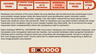 Kebebasan pers (freedom of the press) adalah hak yang diberikan oleh konstitusional atau perlindungan hukum
yang berkaitan dengan dengan media dan bahan-bahan yang dipublikasikan seperti menyebar luaskan,
pencetakan dan penerbitkan surat kabar, majalah, buku atau dalam material lainnya tanpa adanya campur
tangan atau perlakuan sensor dari pemerintah. Selain itu kebebasan pers juga dapat diartikan sebagai hak warga
masyarakat untuk mengetahui (right to know) masalah-masalah atau fakta publik, dan di sisi lainnya hak warga
masyarakat dalam mengekspresikan pikiran dan pendapatnya (right to expression).
Dalam Ketetapan MPRS No. XXXII/MPRS/1966 merumuskan “kebebasan pers Indonesia adalah kebebasan untuk
menyatakan serta menegakkan kebenaran dan keadilan, dan bukanlah kebebasan dalam pengertian liberalisme”.
Indonesia saat ini resminya menganut sistem pers yang bebas dan bertanggung jawab. Konsep ini mengacu ke
teori “pers tanggung jawab sosial”. Asumsi utama teori ini adalah bahwa kebebasan mengandung di dalamnya
suatu tanggung jawab yang sepadan.
 