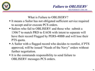 Failure to OBLISERVMILPERSMAN 1306-106What is Failure to OBLISERV?It means a Sailor has not obligated sufficient service required to accept and/or execute PCS orders.