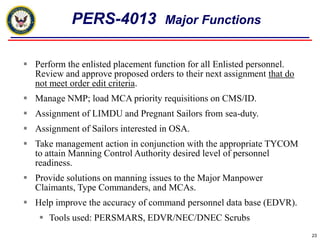 Senior Enlisted Academies (SEA)Navy SEA attendance = less than 50% capacity for the last two years!!!MILPERSMAN article 1306-925 – Requirements and  request processNavy Resident Senior Enlisted Academy (Newport RI)6 week course for MCPO/SCPO/CPO7 classes per year with 112 seats per classNavy Blended Senior Enlisted Academy (Newport RI)6 week online blackboard blended with 2 week residency for MCPO/SCPO52 seats per class, number of classes depends on enrollmentAir Force Senior NCO Academy (Montgomery AL)7 week course for MCPO/SCPO5 classes per year with 6 seats per classCoast Guard Chief Petty Officer Academy (Petaluma CA)4 week course for CPO9 classes per year with 4 seats per classArmy Sergeants Major Academy (Fort Bliss TX)9 month course for MCPO/SCPO1 class per year with 7 seats filled by CMDCM Detailer20