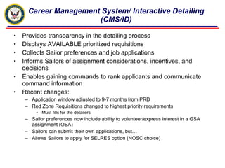Career Management System/ Interactive Detailing (CMS/ID) Provides transparency in the detailing process Displays AVAILABLE prioritized requisitions Collects Sailor preferences and job applications Informs Sailors of assignment considerations, incentives, and decisions Enables gaining commands to rank applicants and communicate command information Recent changes: Application window adjusted to 9-7 months from PRD Red Zone Requisitions changed to highest priority requirements Must fills for the detailers Sailor preferences now include ability to volunteer/express interest in a GSA assignment (OSA) Sailors can submit their own applications, but… Allows Sailors to apply for SELRES option (NOSC choice) 