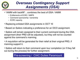 Overseas Contingency Support Assignments (OSA) “ IAMM with backfill”…combines the best of GSA / IAMM Entitlements at ECRC / NMPS Command sponsorship / ownership ECRC capacity  Replacing enlisted GSA assignments in OCT 10 Based on Sailors indicating a preference for an OCO assignment. Sailors will remain assigned to their current command during the OSA assignment (their PRD will be adjusted), but they will not be counted against the command’s manning. A requisition will be generated for their relief at their original PRD, if manning support it.  Sailors will return to their command upon tour completion (or if they fall out during the process) for further assignment. Pre-screening /  CIAC Duties Paramount 