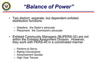 “ Balance of Power” Two distinct, separate, but dependent enlisted distribution functions Detailers:  the Sailor’s advocate Placement:  the Command’s advocate Enlisted Community Managers (BUPERS-32) are not within the Enlisted Assignment Division.  However, they work with PERS-40 in a coordinated manner Perform to Serve Rating Conversions Advancement Quotas High Year Tenure 