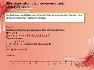 Sifat menambah atau mengurangi pada
pertidaksamaan.
Contoh:
Tentukan himpunan penyelesaian dari pertidaksamaan :
a) y + 2 > 6
b) x – 3 ≤ 2, x A = {-2,-1,0,1,2,3,4,5,6,7}
Penyelesaiannya :
y + 2 > 6
y + 2 – 2 > 6 – 2 (kedua ruas dikurangi 2)
y > 4
HP = {y y > 4, y R}
Jika kedua ruas pertidaksamaan ditambah atau dikurangi dengan bilangan yang
sama, maka tanda pertidaksamaan tetap.
Grafiknya :
1 2 3 4
0
-5 5
-4 -3 -2 -1
 