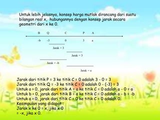 B Q C P A
-b -3 0 3 a
Jarak = 3
Jarak = 3
Jarak = -b
Jarak = a
Untuk lebih jelasnya, konsep harga mutlak dirancang dari suatu
bilangan real x, hubungannya dengan konsep jarak secara
geometri dari x ke 0.
Jarak dari titik P = 3 ke titik C = 0 adalah 3 - 0 = 3
Jarak dari titik Q = -3 ke titik C = 0 adalah 0 - (-3) = 3
Untuk a > 0, jarak dari titik A = a ke titik C = 0 adalah a - 0 = a
Untuk b < 0, jarak dari titik B = a ke titik C = 0 adalah a - b = -b
Untuk a > 0, jarak dari titik C = 0 ke titik C = 0 adalah 0.
Kesimpulan yang didapat :
Jarak x ke 0 = x, jika x 0
= -x, jika x 0.
 
