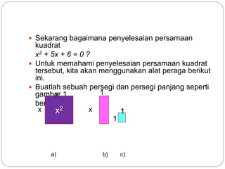  Sekarang bagaimana penyelesaian persamaan
kuadrat
x2 + 5x + 6 = 0 ?
 Untuk memahami penyelesaian persamaan kuadrat
tersebut, kita akan menggunakan alat peraga berikut
ini.
 Buatlah sebuah persegi dan persegi panjang seperti
gambar 1
berikut ini.
a) b) c)
1
x2
x
x x
1
1
 