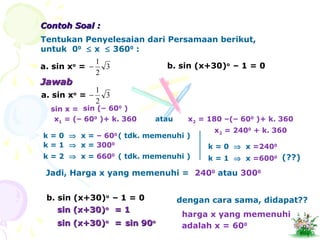 Contoh Soal :Contoh Soal :
Tentukan Penyelesaian dari Persamaan berikut,
untuk 00
≤ x ≤ 3600
:
a. sin xo
= 3
2
1
− b. sin (x+30)o
– 1 = 0
JawabJawab
a. sin xo
= 3
2
1
−
sin x = sin (– 600
)
x1 = (– 600
)+ k. 360 atau x2 = 180 –(– 600
)+ k. 360
k = 0 ⇒ x = – 600
( tdk. memenuhi )
k = 1 ⇒ x = 3000
k = 2 ⇒ x = 6600
( tdk. memenuhi )
k = 0 ⇒ x =2400
x2 = 2400
+ k. 360
k = 1 ⇒ x =6000 (??)
Jadi, Harga x yang memenuhi = 2400
atau 3000
b. sin (x+30)o
– 1 = 0
sin (x+30)sin (x+30)oo
= 1= 1
sin (x+30)sin (x+30)oo
== sin 90sin 90oo
dengan cara sama, didapat??
adalah x =
harga x yang memenuhi
600
 