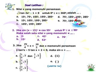 2. Jika sin (x – 15)o
== cos 55o
untuk 0o
≤ xx ≤ 90o
Maka salah satu nilai x yang memenuhi = ... .= ... .
Soal Latihan :Soal Latihan :
a. 7o
b. 15o
c. 42o
d. 52o
e. 76o
1. Nilai x yang memenuhi persamaan
tan 2xo
– 1 = 03 untuk 00
≤ x ≤ 3600
,adalah … .
a. 15o
, 75o
, 105o
, 195o
, 285o
b. 15o
, 105o
, 195o
, 285o
c. 105o
, 195o
, 285o
d. 75o
, 105o
, 195o
, 285o
e. 75o
, 105o
, 285o
3.
4
π
< x <
2
π
dan x memenuhi persamaan
2 tan2
x – 5 tan x + 2 = 0,
Jika
maka sin x = … .
a.



5
5
1
dan



5
5
2
b.






5
5
1
c.






5
5
2
d. {1}
e. { }
(UMPTN ’94)
 