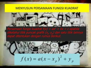 MENYUSUN PERSAMAAN FUNGSI KUADRAT
Persamaan fungsi kuadrat f(x) = ax2 + bx + c apabila
diketahui titik puncak grafik (xp’ yp) dan satu titik lainnya
dapat ditentukan dengan rumus berikut.
pp
yxxaxf 
2
)()(
 