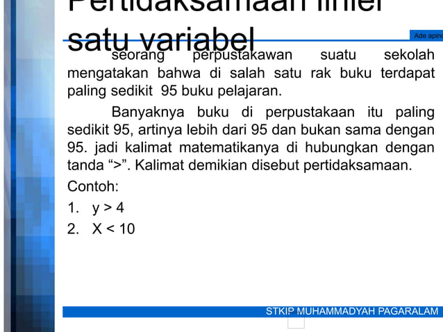 Persamaan dan pertidaksamaan linier satu variabel | PPTX