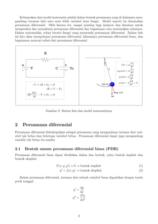 Gambar 1: Alur dalam pemodelan matematis
Gambar 2: Sistem ﬁsis dan model matematisnya
2 Persamaan diferensial
Persamaan diferensial dideskripsikan sebagai persamaan yang mengandung turunan dari vari-
abel tak bebas dan beberapa variabel bebas. Persamaan diferensial dapat juga mengandung
variable tak bebas itu sendiri.
2.1 Bentuk umum persamaan diferensial biasa (PDB)
Persamaan diferensial biasa dapat dituliskan dalam dua bentuk, yaitu bentuk implisit dan
bentuk eksplisit.
F(x, y, y ) = 0 → bentuk implisit (1)
y = f(x, y) → bentuk eksplisit (2)
Dalam persamaan diferensial ,turunan dari sebuah variabel biasa digantikan dengan tanda
petik tunggal.
y =
dy
dx
y =
d2
y
dx2
2
 
