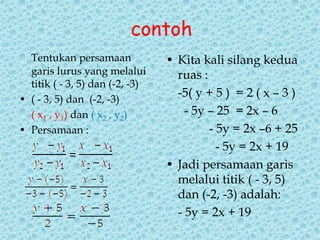 contoh 
Tentukan persamaan 
garis lurus yang melalui 
titik ( - 3, 5) dan (-2, -3) 
• ( - 3, 5) dan (-2, -3) 
( x1 , y1) dan ( x2 , y2) 
• Persamaan : 
• Kita kali silang kedua 
ruas : 
-5( y + 5 ) = 2 ( x – 3 ) 
- 5y – 25 = 2x – 6 
- 5y = 2x –6 + 25 
- 5y = 2x + 19 
• Jadi persamaan garis 
melalui titik ( - 3, 5) 
dan (-2, -3) adalah: 
- 5y = 2x + 19 
 