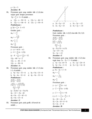 STKIP BINA INSAN MANDIRI | KumpulanSoal “Persamaan GarisLurus”danPembahasan 3
y = 2x + 3
Jawaban : B
11. Persamaan garis yang melalui titik (-2,4) dan
sejajar garis dengan persamaan
3𝑦 −
𝑥
4
+ 1 = 0 adalah ...
a. 12y – x – 50 = 0 c. 12x + y – 46 = 0
b. 12y + x + 46 = 0 d. 12x – y + 50 = 0
Pembahasan :
g : 3𝑦 −
𝑥
4
+ 1 = 0
Gradien garis :
mg = −
𝑎
𝑏
mg = −
(−
1
4
)
3
mg =
1
4
.
1
3
mg =
1
12
Persamaan garis :
y – y1 = m (x – x1)
y – 4 =
1
12
(x – (-2))
(y – 4 =
1
12
𝑥 +
2
12
) × 12
12y – 48 = x + 2
12y – x – 48 – 2 = 0
12y – x – 50 = 0
Jawaban : A
12. Persamaan garis yang melalui titik (-5,3) dan
(-1,-6) adalah ...
a. 9y + 4x + 33 = 0 c. 4y + 9x + 33 = 0
b. 9y – 4x – 33 = 0 d. 4y – 9x – 33 = 0
Pembahasan :
𝑦−𝑦1
𝑦2−𝑦1
=
𝑥−𝑥1
𝑥2−𝑥1
𝑦−3
(−6)− 3
=
𝑥−(−15)
(−1)− (−15)
𝑦−3
−9
=
𝑥+5
4
(y - 3) (4) = (x + 5) (-9)
4y – 12 = - 9x – 45
4y + 9x – 12 + 45 = 0
4y + 9x + 33 = 0
Jawaban : C
13. Persamaan garis pada grafik di bawah ini
adalah ...
a. 3x + 5y = 15 c. 5x – 3y = -15
b. 3x – 5y = 15 d. 5x + 3y = - 15
Pembahasan :
Garis melalui titik A (0,5) dan titik B (-3,0)
Persamaan garis :
𝑦−𝑦1
𝑦2−𝑦1
=
𝑥−𝑥1
𝑥2−𝑥1
𝑦−5
0−5
=
𝑥−0
(−3)− 0
𝑦−5
−5
=
𝑥
−3
(y – 5) (-3) = x (-5)
-3y + 15 = -5x
5x – 3y = -15
Jawaban : C
14. Persamaan garis yang melalui titik (-4,2) dan
tegak lurus 5x – 2y + 3 = 0 adalah ...
a. 5y + 2x -14 = 0 c. 5x – 2y + 24 = 0
b. 5y + 2x – 2 = 0 d. 5x + 2y + 16 = 0
Pembahasan :
g : 5x – 2y + 3 = 0
mg = −
𝑎
𝑏
mg = −
5
(−2)
mg =
5
2
Persamaan garis :
y – y1 =
−1
𝑚
(x – x1)
y – 2 =
−1
5
2
(x – (-4))
y – 2 = −
2
5
( x + 4)
( y -2 = −
2
5
𝑥 −
8
5
) × 5
5y – 10 = -2x – 8
5y + 2x - 10 + 8 = 0
5y + 2x – 2 = 0
Jawaban : B
 