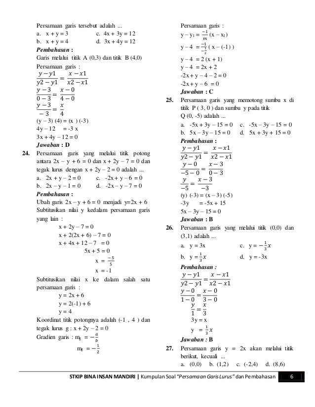 Contoh Soal Persamaan Garis Tegak Lurus Dan Penyelesaiannya