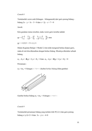 Contoh 8
Tentukanlah vector arah (bilangan – bilanganarah) dari garis potong bidang –
bidang 2x – y + 3z – 5 = 0 dan x + 2y – z + 7 = 0
Jawab:
Kita gunakan rumus tersebut, maka vector garis tersebut adalah
m=<

,-

,

> atau

m = <-5,5,5> = 5<-1,1,1>
Dalam Kegiatan Belajar 1 Modul 2, kita telah mengenal berkas (kipas) garis,
maka di sini kita dikenalkan dengan berkas bidang. Misalnya diketahui sebuah
bidang
:

+

+

+

= 0 dan

:

+

+

+

=0

Persamaan :
+

= 0 dengan -~ < t < ~ disebut berkas bidang (lihat gambar)

Gambar berkas bidang

+

= 0 dengan -~ < t < ~

Contoh 9
Tentukanlah persamaan bidang yang melalui titik P(3,2,1) dan garis potong
bidang x+y-2z+2= 0 dan 3x – y+z – 6=0

13

 