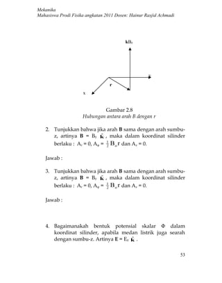 Mekanika
Mahasiswa Prodi Fisika angkatan 2011 Dosen: Hainur Rasjid Achmadi




                                            kB0




                                                         y
                                     r
                     x


                             Gambar 2.8
                     Hubungan antara arah B dengan r

    2. Tunjukkan bahwa jika arah B sama dengan arah sumbu-
       z, artinya B = B0 k , maka dalam koordinat silinder
                            ˆ
       berlaku : Ar = 0, Aφ = 1 B o r dan Az = 0.
                              2


    Jawab :

    3. Tunjukkan bahwa jika arah B sama dengan arah sumbu-
       z, artinya B = B0 k , maka dalam koordinat silinder
                         ˆ
        berlaku : Ar = 0, Aφ =   1
                                 2
                                     B o r dan Az = 0.

    Jawab :



    4. Bagaimanakah bentuk potensial skalar Φ dalam
       koordinat silinder, apabila medan listrik juga searah
       dengan sumbu-z. Artinya E = E0 k .
                                      ˆ


                                                                    53
 
