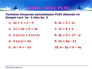 SOAL- SOAL PLSV
Tentukan himpunan penyelesaian PLSV dibawah ini
dengan cara ke- 2 atau ke- 3

1. 2a + 1 = a – 3

6. 2x + 3 = 11

2. 12 + 3a = 5 + 2a

7. 7x = 8 + 3

3. 3 (x+1) = 2 (x+4)

8. 3p + 5 = 17 – p

4. 5 (y-1) = 4y

9. 7q = 5q - 12

5. m – 9 = - 13

10. 6 - 5y = 9 – 4y

Matematika Kelas VII

 