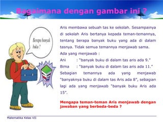 Bagaimana dengan gambar ini ?
Aris membawa sebuah tas ke sekolah. Sesampainya
di sekolah Aris bertanya kepada teman-temannya,
tentang berapa banyak buku yang ada di dalam
tasnya. Tidak semua temannya menjawab sama.
Ada yang menjawab :
Ani

: “banyak buku di dalam tas aris ada 9.”

Bima

: “banyak buku di dalam tas aris ada 11.”

Sebagian

temannya

ada

yang

menjawab

“banyaknya buku di dalam tas Aris ada 8”, sebagian
lagi ada yang menjawab “banyak buku Aris ada
15”.
Mengapa teman-teman Aris menjawab dengan
jawaban yang berbeda-beda ?
Matematika Kelas VII

 