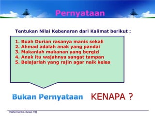 Pernyataan
Tentukan Nilai Kebenaran dari Kalimat berikut :
1.
2.
3.
4.
5.

Buah Durian rasanya manis sekali
Ahmad adalah anak yang pandai
Makanlah makanan yang bergizi
Anak itu wajahnya sangat tampan
Belajarlah yang rajin agar naik kelas

KENAPA ?
Matematika Kelas VII

 