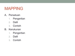 MAPPING
A. Persatuan
1. Pengertian
2. Dalil
3. Contoh
B. Kerukunan
1. Pengertian
2. Dalil
3. Contoh
 