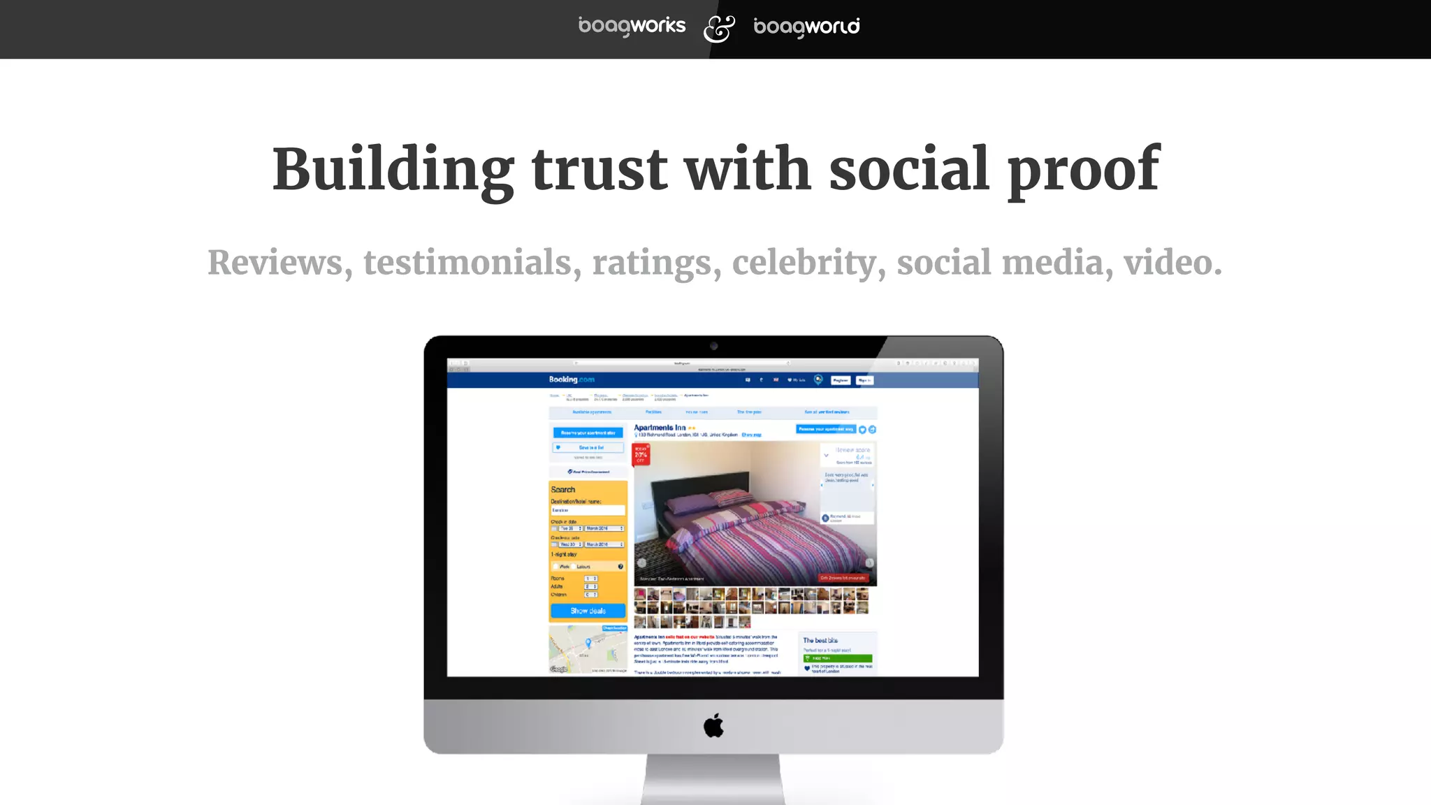 Building trust with social proof
Reviews, testimonials, ratings, celebrity, social media, video.
 