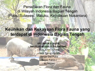 Persebaran Flora dan Fauna
di Wilayah Indonesia Bagian Tengah
(Pulau Sulawesi, Maluku, Kepulauan Nusantara)
Keunikan dan Kekayaan Flora Fauna yang
terdapat di Indonesia Bagian Tengah
Oleh :
KELOMPOK II (XI IPS)
SMA PLUS NEGERI 17 PALEMBANG
- Rizki Amini Aprianti
- Hera Ratnaningrum
- Banjar Dwi Putra
- Bagas Fahmi I
- M.Fauzan
 