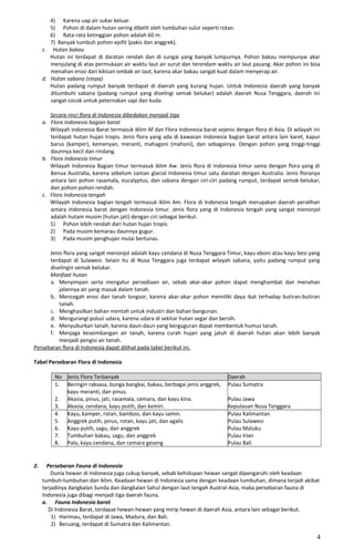 4) Karena uap air sukar keluar.
5) Pohon di dalam hutan sering dibelit oleh tumbuhan sulur seperti rotan.
6) Rata-rata ketinggian pohon adalah 60 m.
7) Banyak tumbuh pohon epifit (pakis dan anggrek).
c. Hutan bakau
Hutan ini terdapat di daratan rendah dan di sungai yang banyak lumpurnya. Pohon bakau mempunyai akar
menjulang di atas permukaan air waktu laut air surut dan terendam waktu air laut pasang. Akar pohon ini bisa
menahan erosi dari kikisan ombak air laut, karena akar bakau sangat kuat dalam menyerap air.
d. Hutan sabana (stepa)
Hutan padang rumput banyak terdapat di daerah yang kurang hujan. Untuk Indonesia daerah yang banyak
ditumbuhi sabana (padang rumput yang diselingi semak belukar) adalah daerah Nusa Tenggara, daerah ini
sangat cocok untuk peternakan sapi dan kuda.
Secara rinci flora di Indonesia dibedakan menjadi tiga
a. Flora Indonesia bagian barat
Wilayah Indonesia Barat termasuk iklim Af dan Flora Indonesia barat sejenis dengan flora di Asia. Di wilayah ini
terdapat hutan hujan tropis. Jenis flora yang ada di kawasan Indonesia bagian barat antara lain karet, kapur
barus (kamper), kemenyan, meranti, mahagoni (mahoni), dan sebagainya. Dengan pohon yang tinggi-tinggi
daunnya kecil dan rindang.
b. Flora Indonesia timur
Wilayah Indonesia Bagian timur termasuk iklim Aw. Jenis flora di Indonesia timur sama dengan flora yang di
Benua Australia, karena sebelum zaman glacial Indonesia timur satu daratan dengan Australia. Jenis floranya
antara lain pohon rasamala, eucalyptus, dan sabana dengan ciri-ciri padang rumput, terdapat semak-belukar,
dan pohon-pohon rendah.
c. Flora Indonesia tengah
Wilayah Indonesia bagian tengah termasuk iklim Am. Flora di Indonesia tengah merupakan daerah peralihan
antara Indonesia barat dengan Indonesia timur. Jenis flora yang di Indonesia tengah yang sangat menonjol
adalah hutam musim (hutan jati) dengan ciri sebagai berikut.
1) Pohon lebih rendah dari hutan hujan tropis.
2) Pada musim kemarau daunnya gugur.
3) Pada musim penghujan mulai bertunas.
Jenis flora yang sangat menonjol adalah kayu cendana di Nusa Tenggara Timur, kayu eboni atau kayu besi yang
terdapat di Sulawesi. Selain itu di Nusa Tenggara juga terdapat wilayah sabana, yaitu padang rumput yang
diselingin semak belukar.
Manfaat hutan
a. Menyimpan serta mengatur persediaan air, sebab akar-akar pohon dapat menghambat dan menahan
jalannya air yang masuk dalam tanah.
b. Mencegah erosi dan tanah longsor, karena akar-akar pohon memiliki daya ikat terhadap butiran-butiran
tanah.
c. Menghasilkan bahan mentah untuk industri dan bahan bangunan.
d. Mengurangi polusi udara, karena udara di sekitar hutan segar dan bersih.
e. Menyuburkan tanah, karena daun-daun yang berguguran dapat membentuk humus tanah.
f. Menjaga keseimbangan air tanah, karena curah hujan yang jatuh di daerah hutan akan lebih banyak
menjadi pengisi air tanah.
Persebaran flora di Indonesia dapat dilihat pada tabel berikut ini.
Tabel Persebaran Flora di Indonesia
No Jenis Flora Terbanyak Daerah
1. Beringin raksasa, bunga bangkai, bakau, berbagai jenis anggrek,
kayu meranti, dan pinus.
Pulau Sumatra
2. Akasia, pinus, jati, rasamala, cemara, dan kayu kina. Pulau Jawa
3. Akasia, cendana, kayu putih, dan kemiri. Kepulauan Nusa Tenggara
4. Kayu, kamper, rotan, bamboo, dan kayu samin. Pulau Kalimantan
5. Anggrek putih, pinus, rotan, kayu jati, dan agalis Pulau Sulawesi
6. Kayu putih, sagu, dan anggrek Pulau Maluku
7. Tumbuhan bakau, sagu, dan anggrek Pulau Irian
8. Pala, kayu cendana, dan cemara geseng Pulau Bali
2. Persebaran Fauna di Indonesia
Dunia hewan di Indonesia juga cukup banyak, sebab kehidupan hewan sangat dipengaruhi oleh keadaan
tumbuh-tumbuhan dan iklim. Keadaan hewan di Indonesia sama dengan keadaan tumbuhan, dimana terjadi akibat
terjadinya dangkalan Sunda dan dangkalan Sahul dengan laut tengah Austral-Asia, maka persebaran fauna di
Indonesia juga dibagi menjadi tiga daerah fauna.
a. Fauna Indonesia barat
Di Indonesia Barat, terdapat hewan-hewan yang mirip hewan di daerah Asia, antara lain sebagai berikut.
1) Harimau, terdapat di Jawa, Madura, dan Bali.
2) Beruang, terdapat di Sumatra dan Kalimantan.
4
 