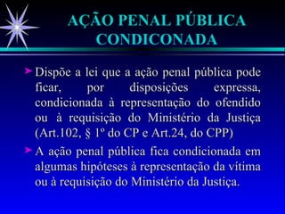 AÇÃO PENAL PÚBLICA CONDICONADA Dispõe a lei que a ação penal pública pode ficar, por disposições expressa, condicionada à representação do ofendido ou  à requisição do Ministério da Justiça (Art.102, § 1º do CP e Art.24, do CPP)  A ação penal pública fica condicionada em algumas hipóteses à representação da vítima ou à requisição do Ministério da Justiça.  