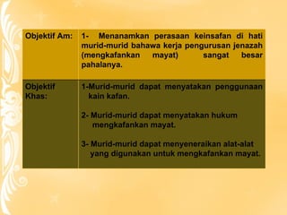 Objektif Am: 1-  Menanamkan perasaan keinsafan di hati murid-murid bahawa kerja pengurusan jenazah (mengkafankan mayat)  sangat besar pahalanya. Objektif Khas: 1-Murid-murid dapat menyatakan penggunaan kain kafan. 2- Murid-murid dapat menyatakan hukum  mengkafankan mayat. 3- Murid-murid dapat menyeneraikan alat-alat yang digunakan untuk mengkafankan mayat. 
