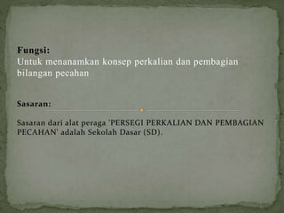 Fungsi:
Untuk menanamkan konsep perkalian dan pembagian
bilangan pecahan
Sasaran:
Sasaran dari alat peraga 'PERSEGI PERKALIAN DAN PEMBAGIAN
PECAHAN' adalah Sekolah Dasar (SD).
 