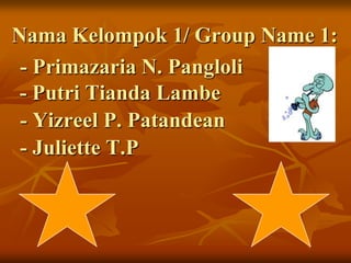 Nama Kelompok 1/ Group Name 1:
 - Primazaria N. Pangloli
 - Putri Tianda Lambe
 - Yizreel P. Patandean
 - Juliette T.P
 