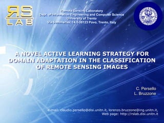 A NOVEL ACTIVE LEARNING STRATEGY FOR DOMAIN ADAPTATION IN THE CLASSIFICATION OF REMOTE SENSING IMAGES C. Persello L. Bruzzone e-mail: claudio.persello@disi.unitn.it, lorenzo.bruzzone@ing.unitn.it,  Web page: http://rslab.disi.unitn.it 