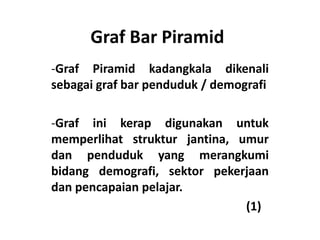 Graf Bar Piramid
-Graf Piramid kadangkala dikenali
sebagai graf bar penduduk / demografi

-Graf ini kerap digunakan untuk
memperlihat struktur jantina, umur
dan penduduk yang merangkumi
bidang demografi, sektor pekerjaan
dan pencapaian pelajar.
                               (1)
 