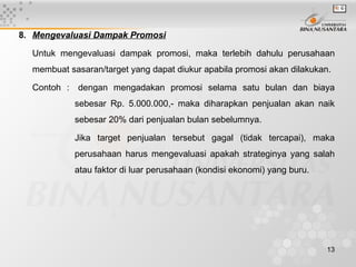 8. Mengevaluasi Dampak Promosi

  Untuk mengevaluasi dampak promosi, maka terlebih dahulu perusahaan
  membuat sasaran/target yang dapat diukur apabila promosi akan dilakukan.

  Contoh : dengan mengadakan promosi selama satu bulan dan biaya
            sebesar Rp. 5.000.000,- maka diharapkan penjualan akan naik
            sebesar 20% dari penjualan bulan sebelumnya.

            Jika target penjualan tersebut gagal (tidak tercapai), maka
            perusahaan harus mengevaluasi apakah strateginya yang salah
            atau faktor di luar perusahaan (kondisi ekonomi) yang buru.




                                                                          13
 