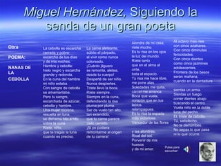 Miguel Hernández,  Siguiendo la senda de un gran poeta Obra POEMA: NANAS DE LA CEBOLLA   Pulsa para escuchar: La cebolla es escarcha  cerrada y pobre:  escarcha de tus días  y de mis noches.  Hambre y cebolla:  hielo negro y escarcha  grande y redonda.  En la cuna del hambre  mi niño estaba.  Con sangre de cebolla  se amamantaba.  Pero tu sangre,  escarchada de azúcar,  cebolla y hambre.  Una mujer morena,  resuelta en luna,  se derrama hilo a hilo  sobre la cuna.  Ríete, niño,  que te tragas la luna  cuando es preciso.  Alondra de mi casa,  ríete mucho.  Es tu risa en los ojos  la luz del mundo.  Ríete tanto  que en el alma al oírte,  bata el espacio.  Tu risa me hace libre,  me pone alas.  Soledades me quita,  cárcel me arranca.  Boca que vuela,  corazón que en tus labios  relampaguea.  Es tu risa la espada  más victoriosa.  Vencedor de las flores  y las alondras.  Rival del sol.  Porvenir de mis huesos  y de mi amor.  La carne aleteante,  súbito el párpado,  el vivir como nunca  coloreado.  ¡Cuánto jilguero  se remonta, aletea,  desde tu cuerpo!  Desperté de ser niño.  Nunca despiertes.  Triste llevo la boca.  Ríete siempre.  Siempre en la cuna,  defendiendo la risa  pluma por pluma.  Ser de vuelo tan alto,  tan extendido,  que tu carne parece  cielo cernido.  ¡Si yo pudiera  remontarme al origen  de tu carrera!  Al octavo mes ríes  con cinco azahares.  Con cinco diminutas  ferocidades.  Con cinco dientes  como cinco jazmines  adolescentes.  Frontera de los besos  serán mañana,  cuando en la dentadura  sientas un arma.  Sientas un fuego  correr dientes abajo  buscando el centro.  Vuela niño en la doble  luna del pecho.  Él, triste de cebolla.  Tú, satisfecho.  No te derrumbes.  No sepas lo que pasa  ni lo que ocurre. 