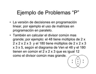 Ejemplo de Problemas “P”
• La versión de decisiones en programación
  linear, por ejemplo el uso de matrices en
  programación en paralelo.
• También en calcular el divisor común mas
  grande; por ejemplo: el 48 tiene múltiplos de 2 x
  2 x 2 x 2 x 3 y el 180 tiene múltiplos de 2 x 2 x 3
  x 3 x 5, según el diagrama de Ven el 48 y el 180
  tienen en común el 2 x 2 x 3 que es igual 12
  como el divisor común mas grande.
 